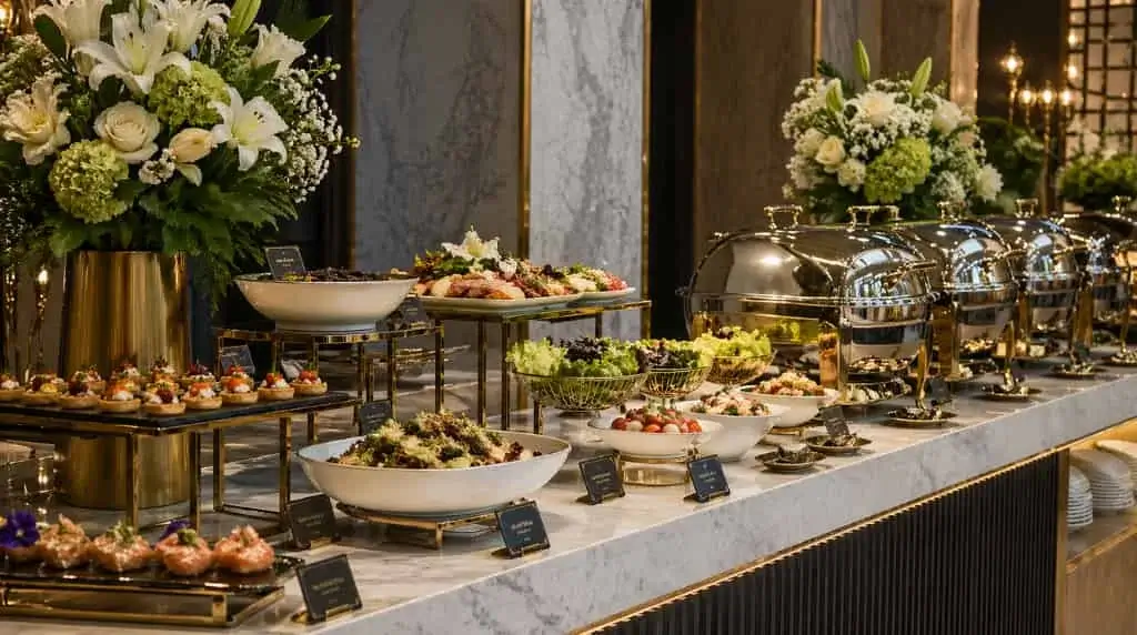 Halal corporate catering buffet set up for a business event in West London