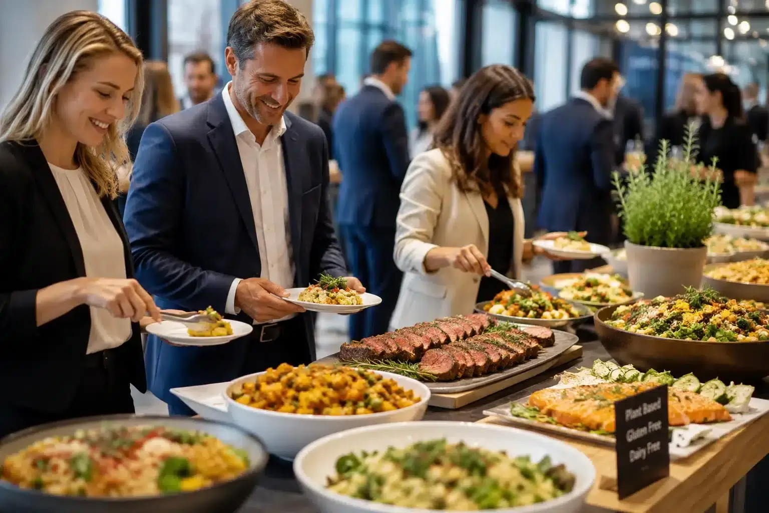 Halal-certified corporate catering dishes labelled and served at an Uxbridge office event