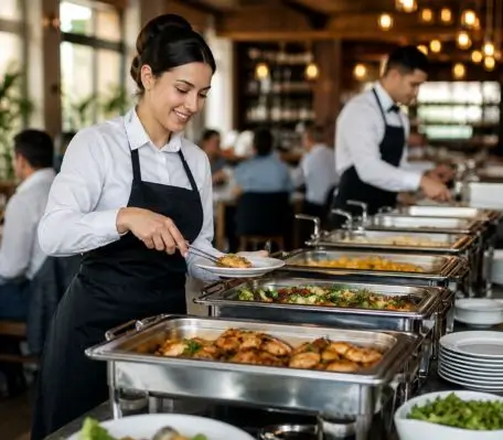 Elegant corporate catering services setup with halal South Asian dishes at a business conference