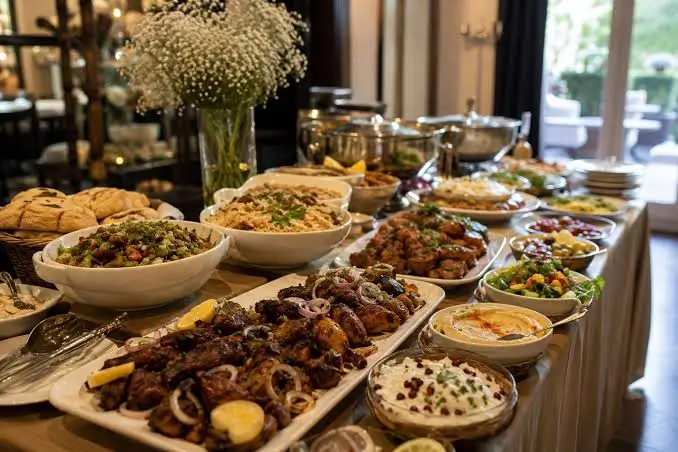 Family gathering halal food platter served at a community event in Wembley