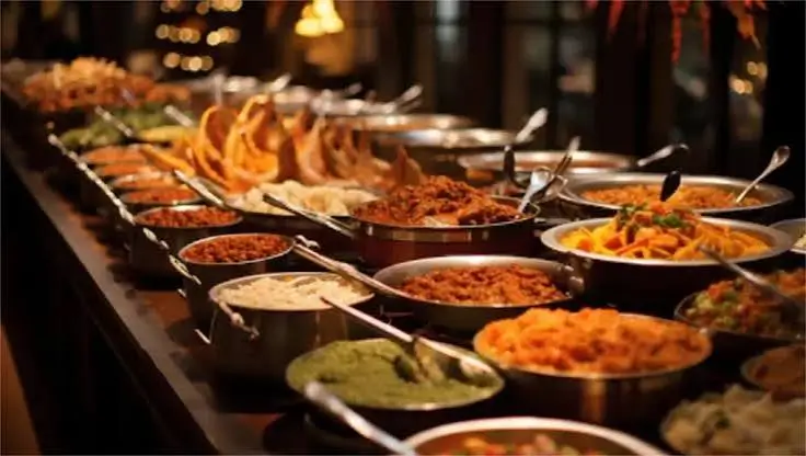 Live food station with chef grilling kebabs at a London corporate catering event