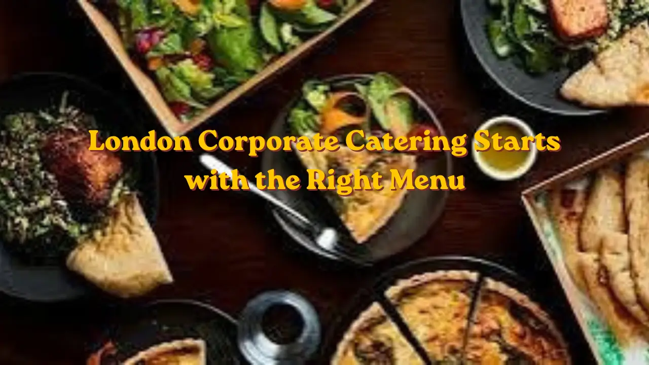 Colleagues serving lunch from a corporate catering buffet in a London office.