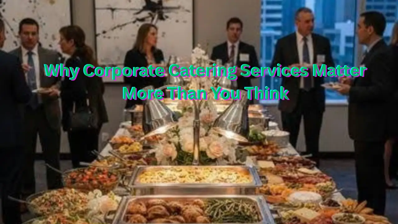 Colleagues enjoying a corporate catering lunch in a London office.