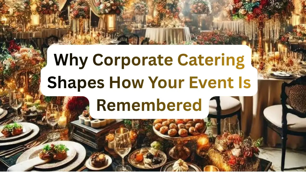 Catering server plating a main course for a guest at a corporate dinner.