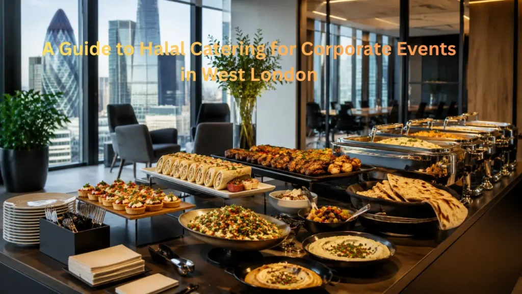 Halal catering buffet set up for a corporate event in West London.