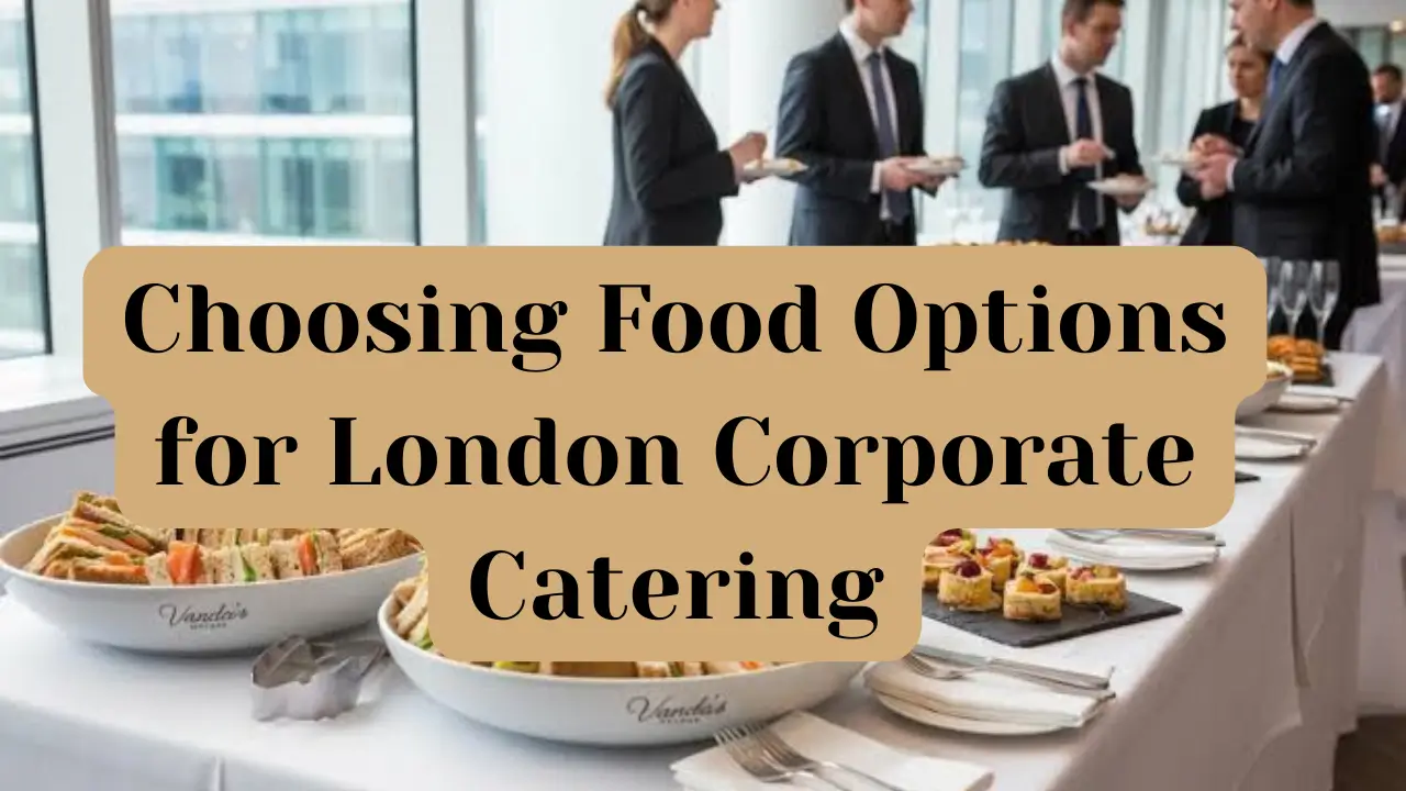 Corporate catering platters with labelled halal dishes on a London boardroom table.